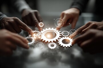 Diverse team hands together with gear graphics symbolizing collaboration and success in business, showing teamwork