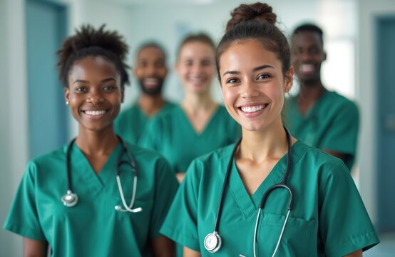 Diverse group of smiling medical students in hospital scrubs stand together in a clinic hallway. They wear stethoscopes and look at the camera, ready for their future careers in healthcare.