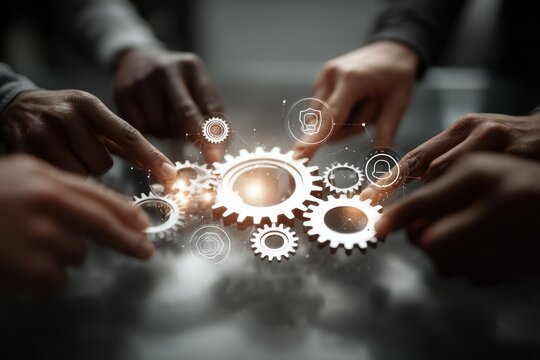 Diverse team hands together with gear graphics symbolizing collaboration and success in business, showing teamwork