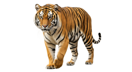Majestic bengal tiger walking confidently with striking orange and black stripes against a in a wildlife nature scene powerful and captivating