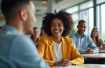 Multicultural team smiles and talks at round tables in office. Diverse coworkers engage in lively conversation during business meeting. People enjoy collaborative work environment.