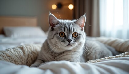 British Shorthair cat with round eyes, grey fur lies on white bed in stylish apartment. Cat looks at camera with calm expression. Furry pet relaxes on cozy bed with soft blanket, white sheets in