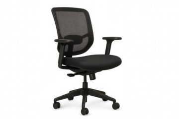 Black ergonomic office chair rotating on wheels, featuring a mesh back and adjustable settings, isolated on transparent background