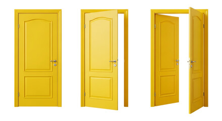 Three yellow doors in different states of opening showcasing interior design and architectural elements against a stark for creative projects