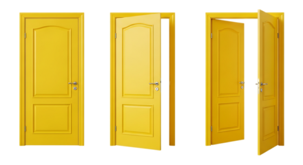Three yellow doors in different states of opening showcasing interior design and architectural elements against a stark for creative projects