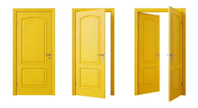 Three yellow doors in different states of opening showcasing interior design and architectural elements against a stark for creative projects