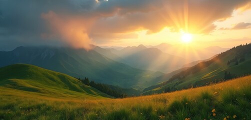 Mountain range landscape with hills under sun beams and cloudy sky. Scenic green meadows on valley in evening sunshine. Grass sways in foreground. Nature scenic for travel. Relaxation calm.