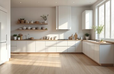 Modern white kitchen with clean lines minimalist design. Light wood floors reflect sunlit atmosphere. Functional cabinets and shelves hold crockery and utensils.