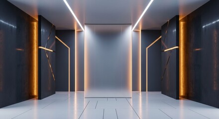 Futuristic minimalist hallway with orange LED geometry and white glossy tiles