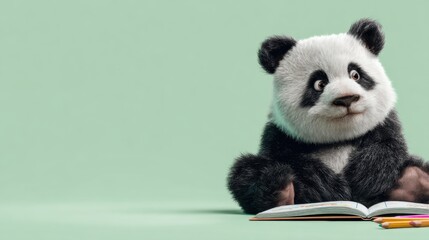 Adorable panda sitting beside an open notebook and crayons on pastel green background, learning concept