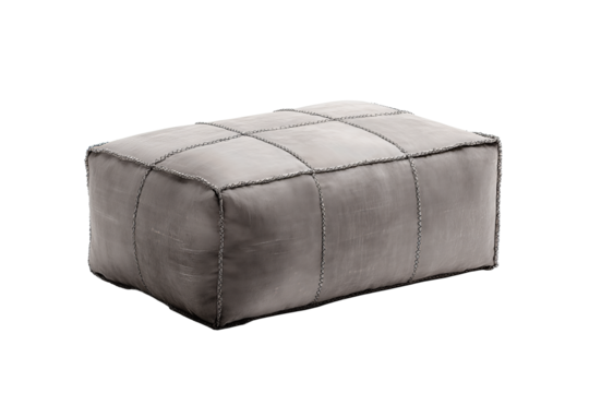 Fog-gray microfiber ottoman featuring square stitching and light surface folds, cozy minimalist design, isolated on transparent background.
