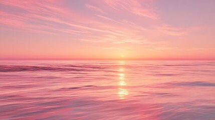 Obraz premium Gentle ocean waves reflect a pastel pink sunset with scattered clouds.