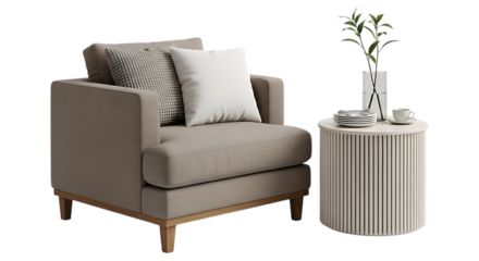 Elegant living room setup featuring a modern armchair and stylish side table with decorative elements creating a cozy and inviting interior space design