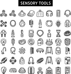 Fototapeta premium Sensory Tools Icon Set for Autism, ADHD, and Anxiety Relief - Fidget Toys, Therapy Aids, and Calming Objects Vector Illustration