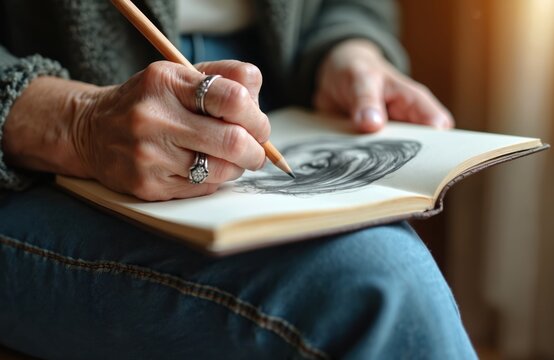 Senior woman draws portrait in sketchbook with pencil. Hands hold tool. Creative hobby, art therapy for elderly people. Close up of artwork. Leisure activity, relax indoor lifestyle concept.