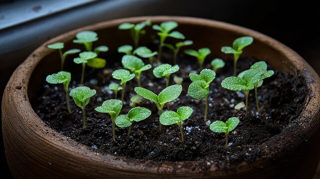 Fresh green seedlings sprouting in rich soil, vibrant spring growth in a terracotta pot indoors - Powered by Adobe