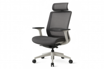 Ergonomic office chair with grey mesh and headrest, providing comfortable support for workspace activities