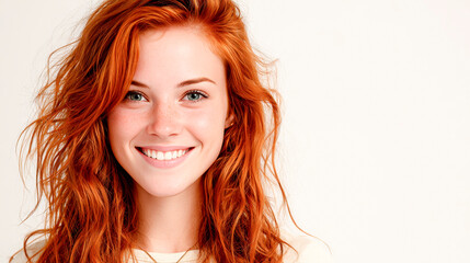 Naklejka premium Natural beauty with freckles: Redhead model gives a wide smile