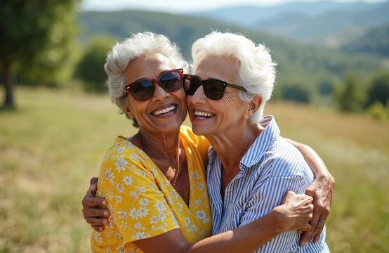 Two happy elderly women friends embrace outdoors under clear sky. Senior multiracial women share hug, laugh together. They enjoy retirement lifestyle in nature.