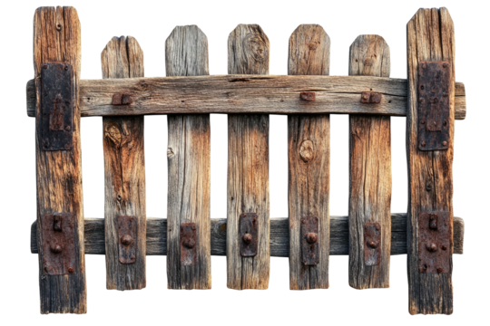 Weathered wooden gate with aged metal hardware, against a black background