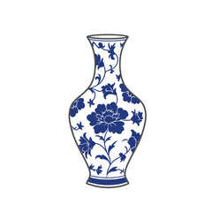 Porcelain vase with blue floral print in traditional style, vector illustration. Traditional home interior detail