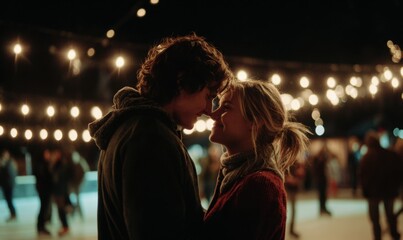 Romantic Ice Skating Couple Embracing Under Festive Lights at Night.