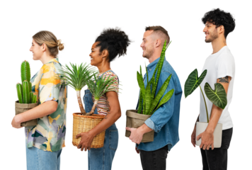 Png plant parents mockup holding their houseplants side view