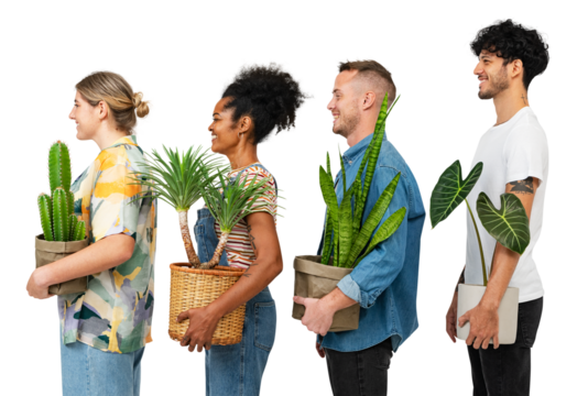 Png plant parents mockup holding their houseplants side view