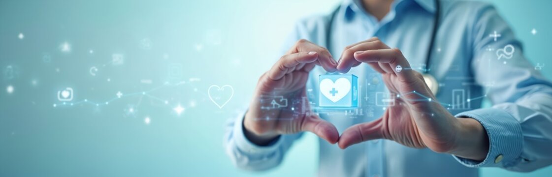Doctor holds heart shape with medical icon. Healthcare professional touches digital healthcare graph. Medical examination and data analysis on network screen. - Powered by Adobe