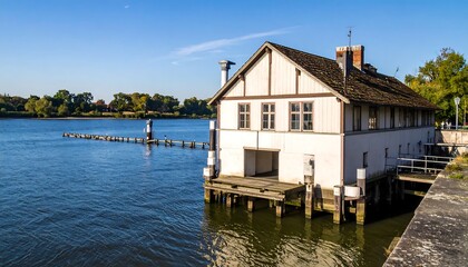 Obraz premium White waterfront building on calm river