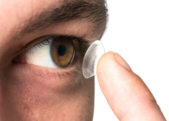 Man png mockup applying smart contact lens biometric technology