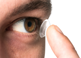 Man png mockup applying smart contact lens biometric technology
