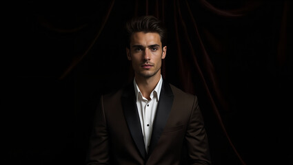 Fototapeta premium Elegant young man in a tuxedo posing confidently against a dark backdrop 
