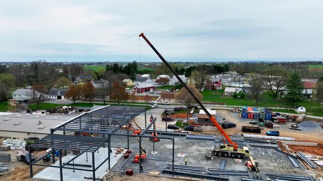 A construction site is busy with workers coordinating activities. A large crane is lifting materials to build a new structure. The setting is surrounded by houses and farmland on a cloudy day.