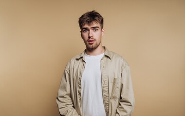 portrait of young man displaying surprise with a neutral facial expression on beige background