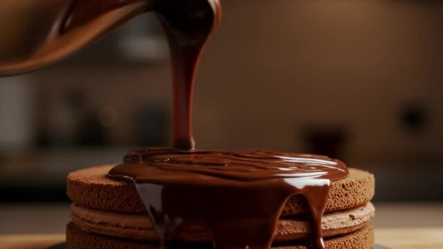 Delicious chocolate syrup pouring over fluffy pancakes stack homemade dessert.