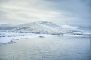 View of Landscape of snow weather along with the road trip for travel in Iceland.