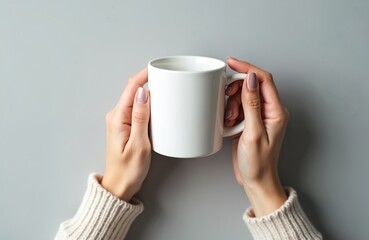 Woman hands hold white ceramic mug. Hands with manicure wear beige knitted sweater. Plain mug on gray background. Coffee cup mockup for design and branding