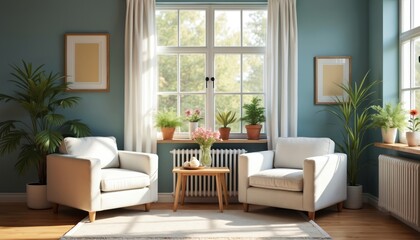 Cozy living room in Danish coastal interior style. Room features white armchairs plants, window. Neutral colors with natural light create relaxed atmosphere. Used to illustrate home interior design