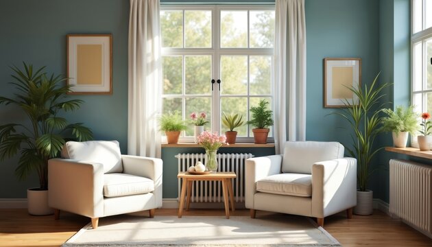 Cozy living room in Danish coastal interior style. Room features white armchairs plants, window. Neutral colors with natural light create relaxed atmosphere. Used to illustrate home interior design