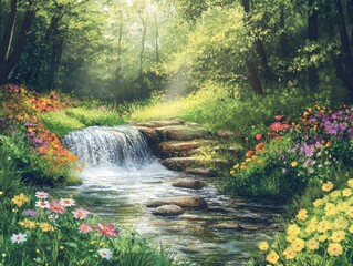 Lush forest path with cascading waterfall and vibrant flowers.