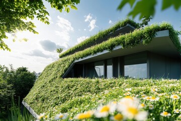 Lush green roof with modern architecture.