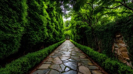 Stone pathway leads through a lush, green garden surrounded by tall trees.