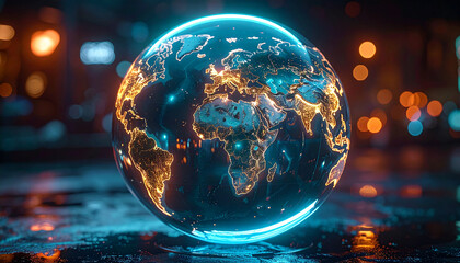Glowing Globe Amidst Bokeh Lights: An ethereal, illuminated globe levitates amidst a mesmerizing background of blurred lights, symbolizing connectivity and the interconnected world.