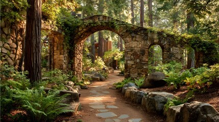 Stone archway with pathway in a sunlit forest surrounded by lush greenery.