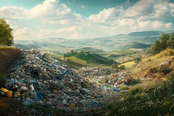 Scenic vista of a large trash heap overlooking a verdant valley.