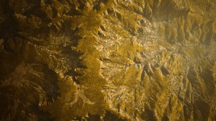 Golden hues illuminate intricate textures of the terrain, highlighting valleys and ridges. The sunlight enhances the natural beauty, creating a captivating view of earths features.