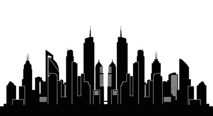 Fototapeta premium Silhouette of a city skyline with various skyscrapers and buildings against a white background.