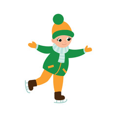 Illustration of Child Ice Skating in Winter Clothes. White background, isolate