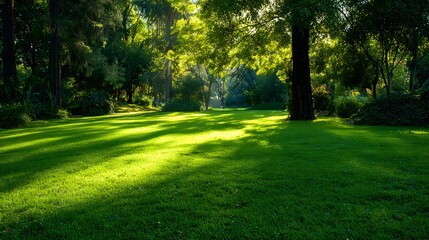 Lush green lawn receives dappled sunlight under shady trees.
